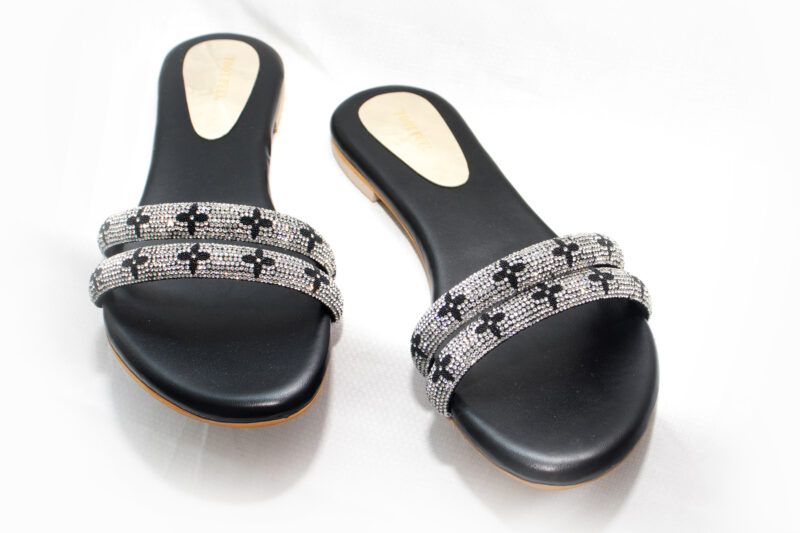 Black Suede /Rexine Willa Rhinestone Embellished Strappy Flats
