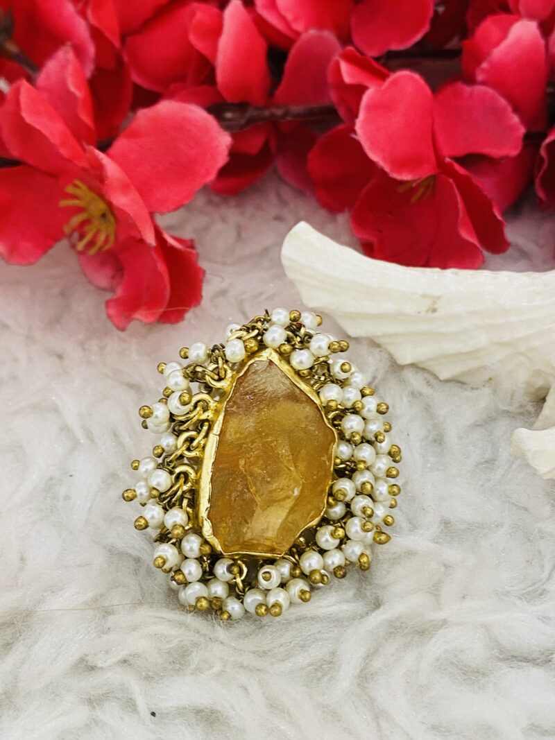 Citrine Stone With Pearl Ring